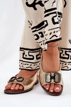 Damskie Boto Płaskie Sandały Z Ozdobą Eko Skórzane Złote Lilria