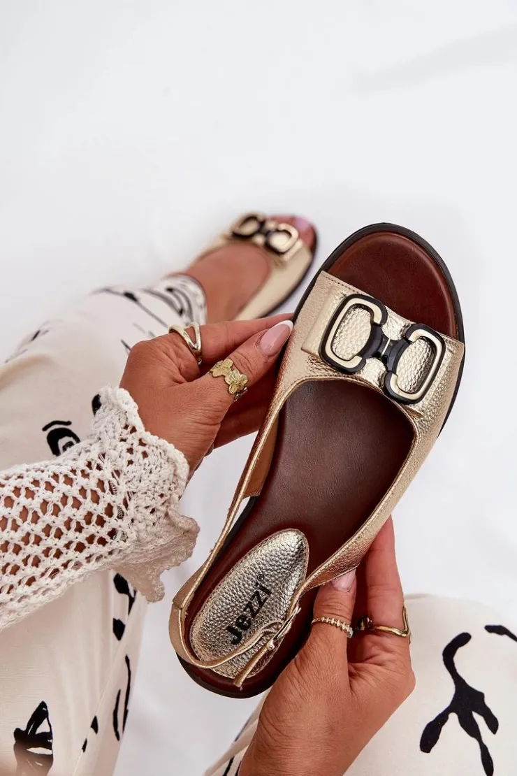 Damskie Boto Płaskie Sandały Z Ozdobą Eko Skórzane Złote Lilria