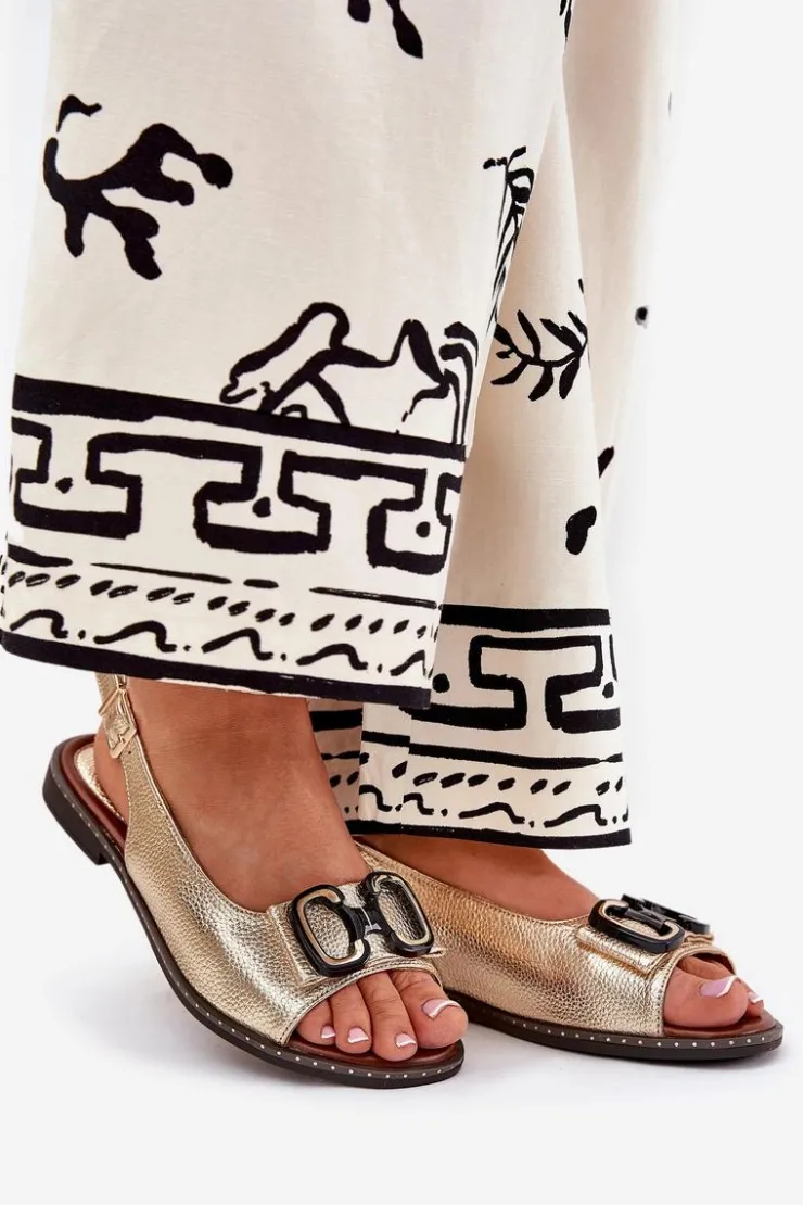 Damskie Boto Płaskie Sandały Z Ozdobą Eko Skórzane Złote Lilria