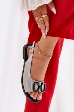 Sale Boto Płaskie Sandały Z Ozdobą Eko Skórzane Srebrne Lilria Srebrny