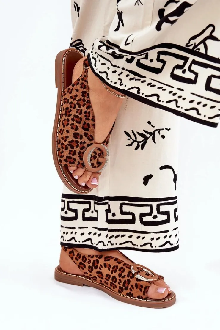 Outlet Boto Płaskie Sandały Z Ozdobą Panterka Brązowe Haliones Brązowy