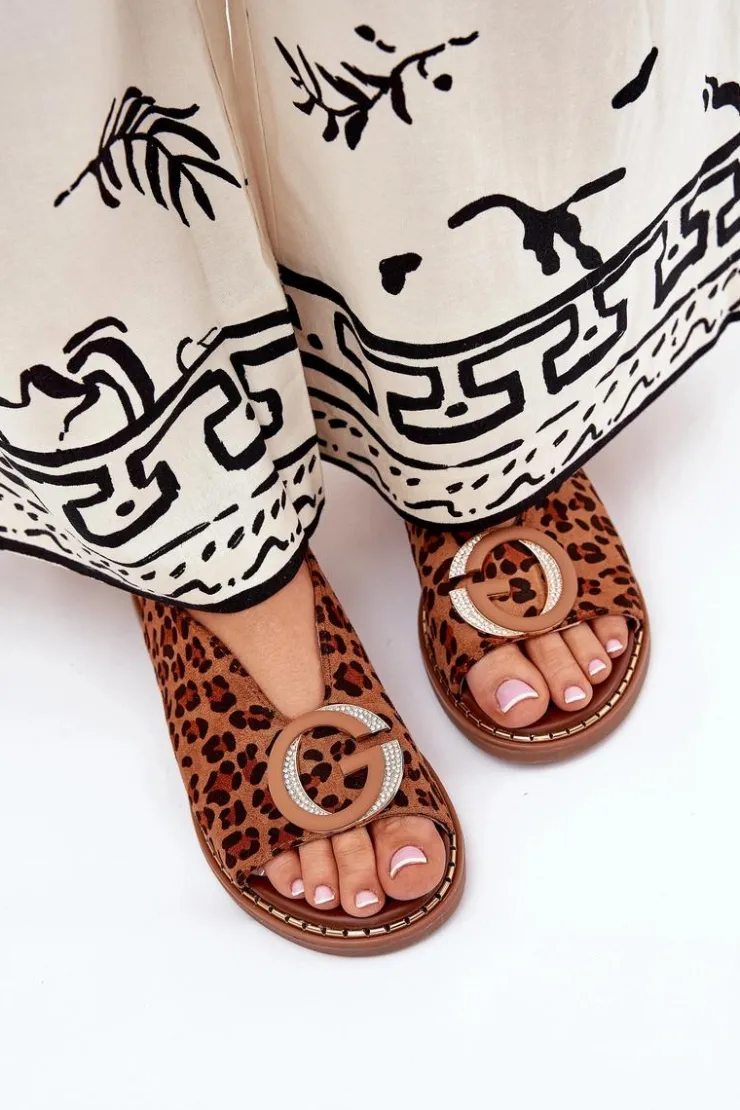 Outlet Boto Płaskie Sandały Z Ozdobą Panterka Brązowe Haliones Brązowy