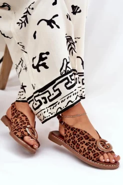 Outlet Boto Płaskie Sandały Z Ozdobą Panterka Brązowe Haliones Brązowy