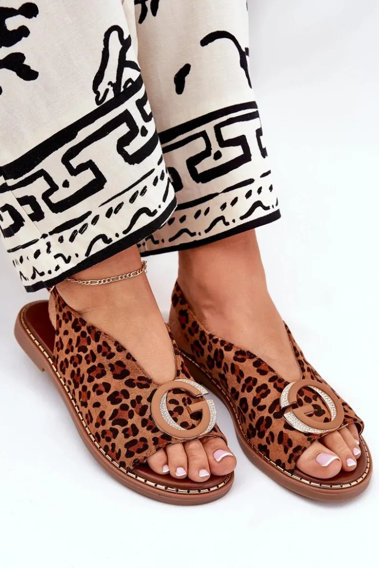 Outlet Boto Płaskie Sandały Z Ozdobą Panterka Brązowe Haliones Brązowy