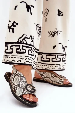 Boto Sandały Płaskie*Płaskie Sandały Z Ozdobą Wężowy Wzór Beżowo-Brązowe Haliones