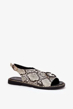 Boto Sandały Płaskie*Płaskie Sandały Z Ozdobą Wężowy Wzór Beżowo-Brązowe Haliones