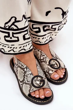 Boto Sandały Płaskie*Płaskie Sandały Z Ozdobą Wężowy Wzór Beżowo-Brązowe Haliones