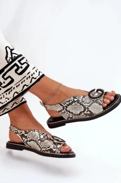 Boto Sandały Płaskie*Płaskie Sandały Z Ozdobą Wężowy Wzór Beżowo-Brązowe Haliones