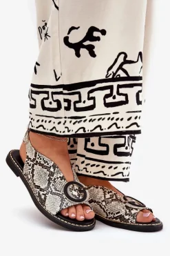 Boto Sandały Płaskie*Płaskie Sandały Z Ozdobą Wężowy Wzór Beżowo-Brązowe Haliones