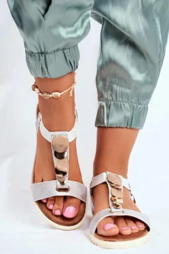 Damskie Evento Płaskie Sandały Z Ozdobami Srebrne Milton