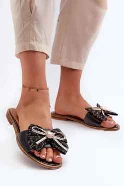 Damskie Laura Messi Płaskie Skórzane Klapki Damskie Z Kokardą 2791 Czarne