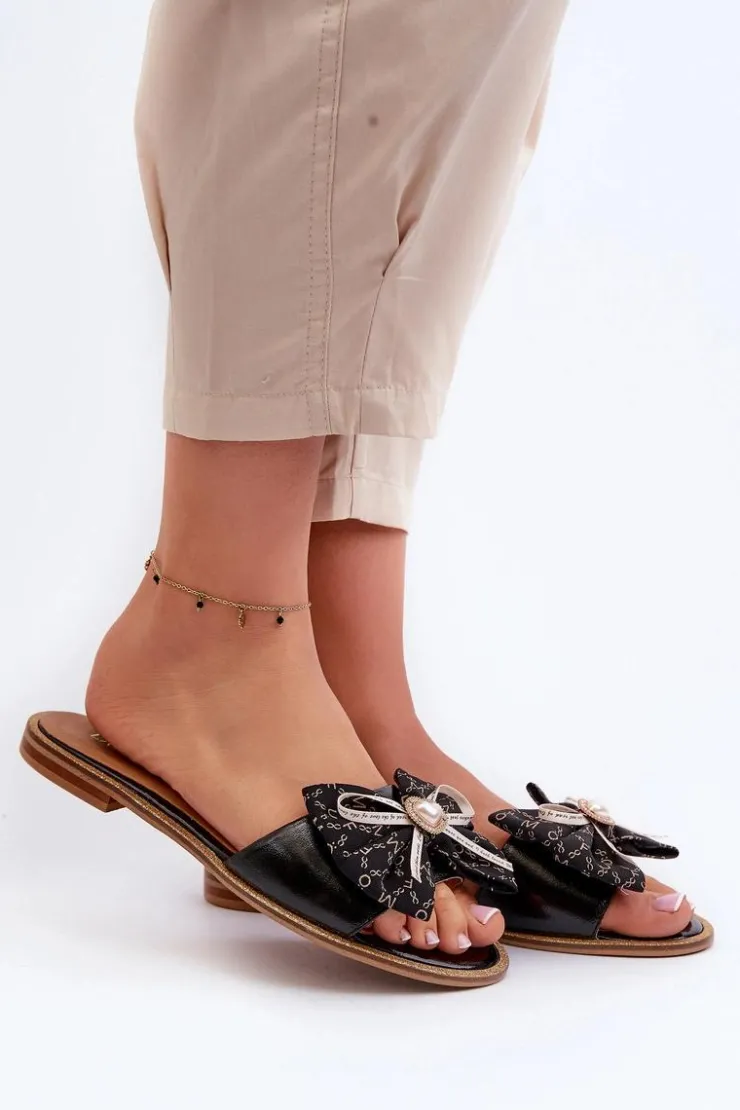 Damskie Laura Messi Płaskie Skórzane Klapki Damskie Z Kokardą 2791 Czarne