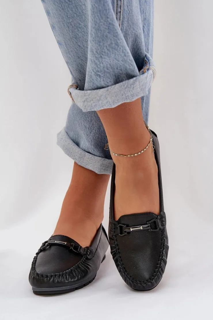 Damskie Damskie buty S.Barski Płaskie Skórzane Mokasyny Z Ozdobą S.Barski LR51-547 Czarne