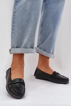 Damskie Damskie buty S.Barski Płaskie Skórzane Mokasyny Z Ozdobą S.Barski LR51-547 Czarne