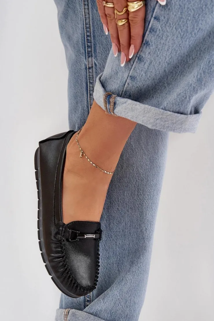 Damskie Damskie buty S.Barski Płaskie Skórzane Mokasyny Z Ozdobą S.Barski LR51-547 Czarne