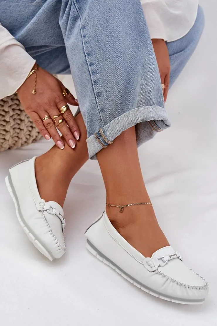 Discount Damskie buty S.Barski Płaskie Skórzane Mokasyny Z Ozdobą S.Barski LR51-547 Białe Biały