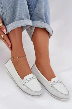 Discount Damskie buty S.Barski Płaskie Skórzane Mokasyny Z Ozdobą S.Barski LR51-547 Białe Biały