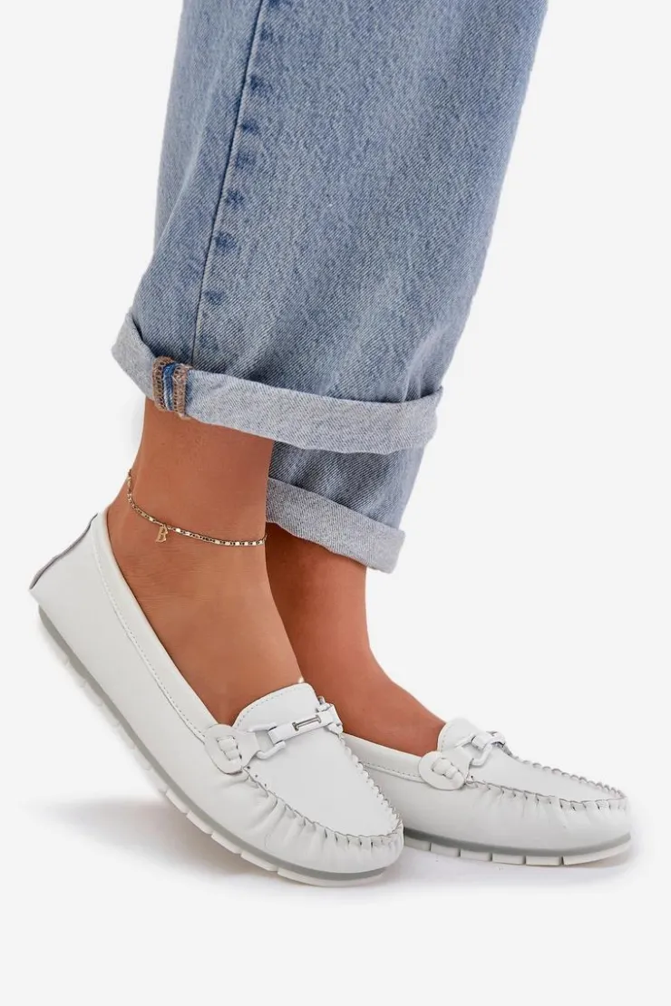 Discount Damskie buty S.Barski Płaskie Skórzane Mokasyny Z Ozdobą S.Barski LR51-547 Białe Biały