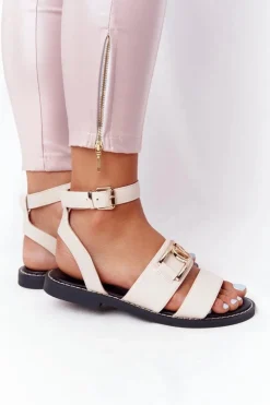 Boto Sandały Płaskie*Płaskie Skórzane Sandały Beżowe On Time