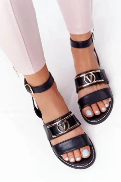 Discount Boto Płaskie Skórzane Sandały Czarne On Time