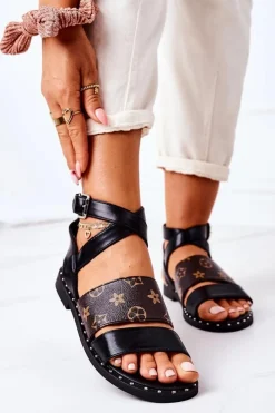 New Boto Płaskie Skórzane Sandały Czarne Loretta