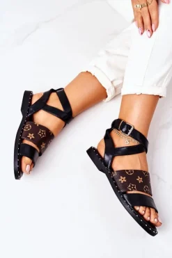 New Boto Płaskie Skórzane Sandały Czarne Loretta