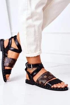 New Boto Płaskie Skórzane Sandały Czarne Loretta