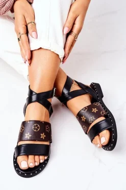 New Boto Płaskie Skórzane Sandały Czarne Loretta