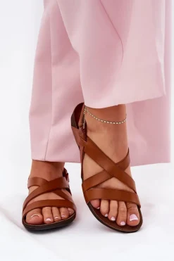 Clearance Zazoo Płaskie Skórzane Sandały Damskie 40032 Brązowe Brązowy