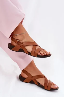 Clearance Zazoo Płaskie Skórzane Sandały Damskie 40032 Brązowe Brązowy