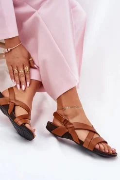 Clearance Zazoo Płaskie Skórzane Sandały Damskie 40032 Brązowe Brązowy