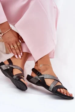 Zazoo Sandały Płaskie*Płaskie Skórzane Sandały Damskie 40032 Czarne Czarny