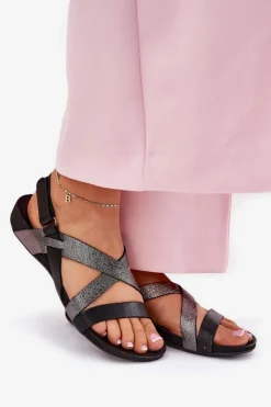 Zazoo Sandały Płaskie*Płaskie Skórzane Sandały Damskie 40032 Czarne Czarny