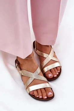 Damskie Zazoo Płaskie Skórzane Sandały Damskie 40032 Złote