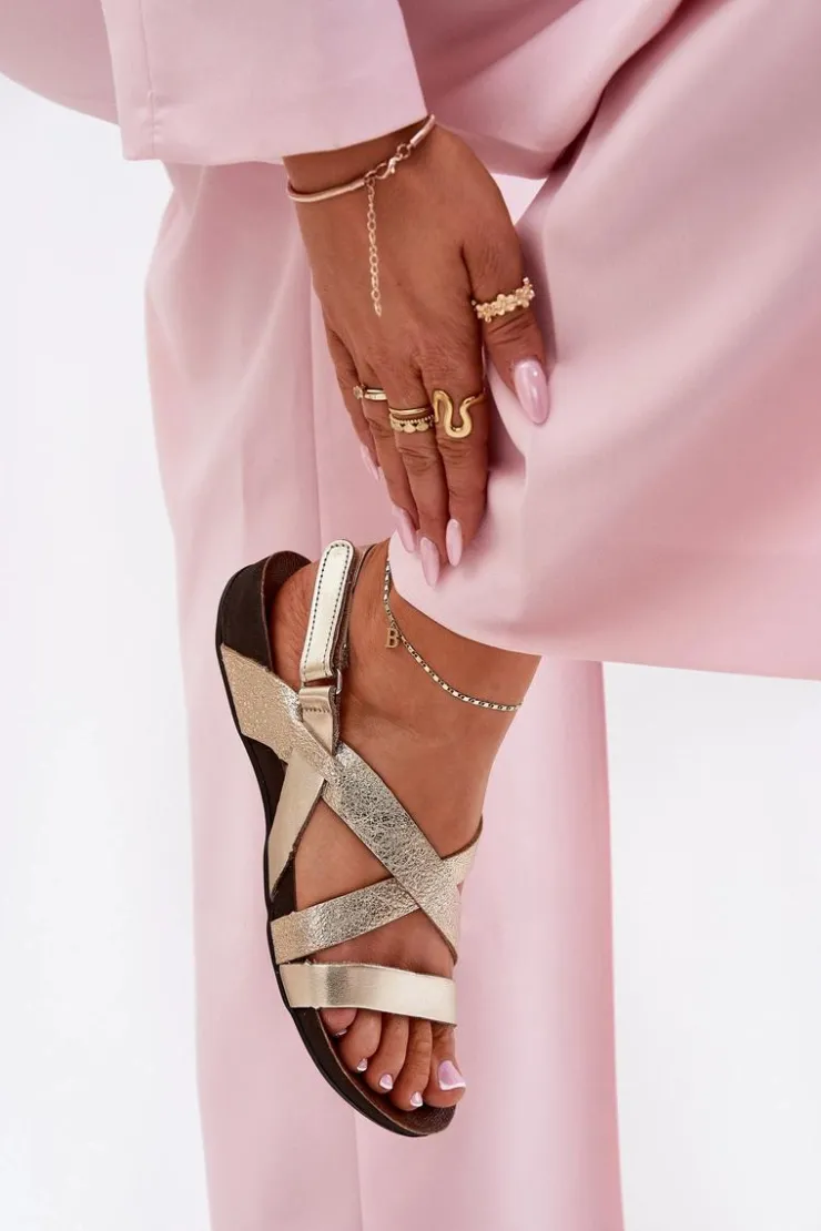 Damskie Zazoo Płaskie Skórzane Sandały Damskie 40032 Złote