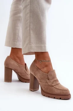 Outlet Evento Półbuty Damskie Eko Zamszowe Na Słupku Beżowe Larmaves