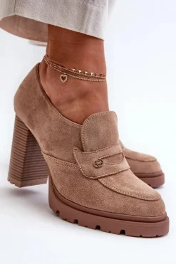 Outlet Evento Półbuty Damskie Eko Zamszowe Na Słupku Beżowe Larmaves