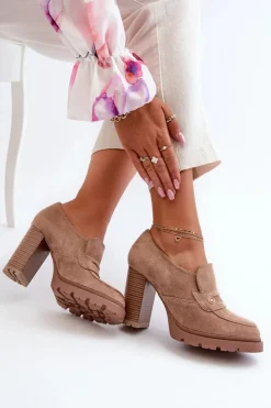 Outlet Evento Półbuty Damskie Eko Zamszowe Na Słupku Beżowe Larmaves