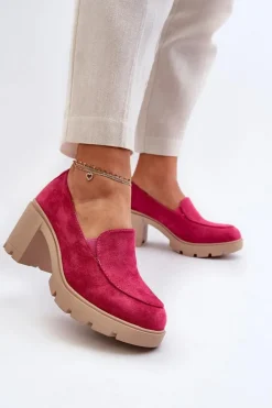 Clearance Boto Półbuty Damskie Eko Zamszowe Na Obcasie i Platformie Fuksja Arablosa