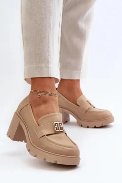 Clearance Boto Półbuty Damskie Na Masywnym Obcasie Z Ozdobą Beżowe Ranunca Beżowy