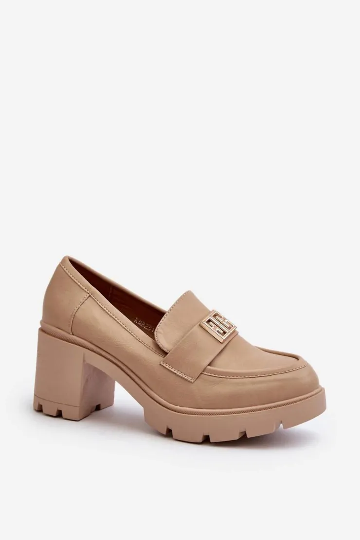 Clearance Boto Półbuty Damskie Na Masywnym Obcasie Z Ozdobą Beżowe Ranunca Beżowy