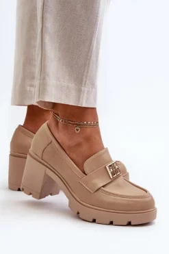 Clearance Boto Półbuty Damskie Na Masywnym Obcasie Z Ozdobą Beżowe Ranunca Beżowy