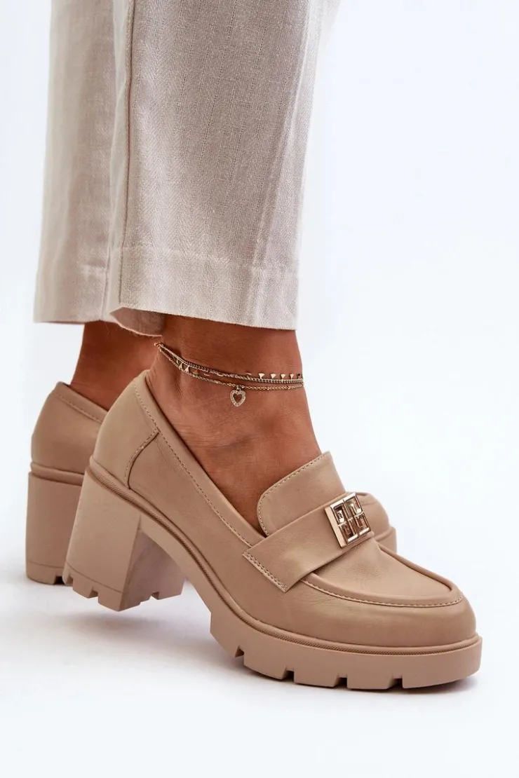 Clearance Boto Półbuty Damskie Na Masywnym Obcasie Z Ozdobą Beżowe Ranunca Beżowy