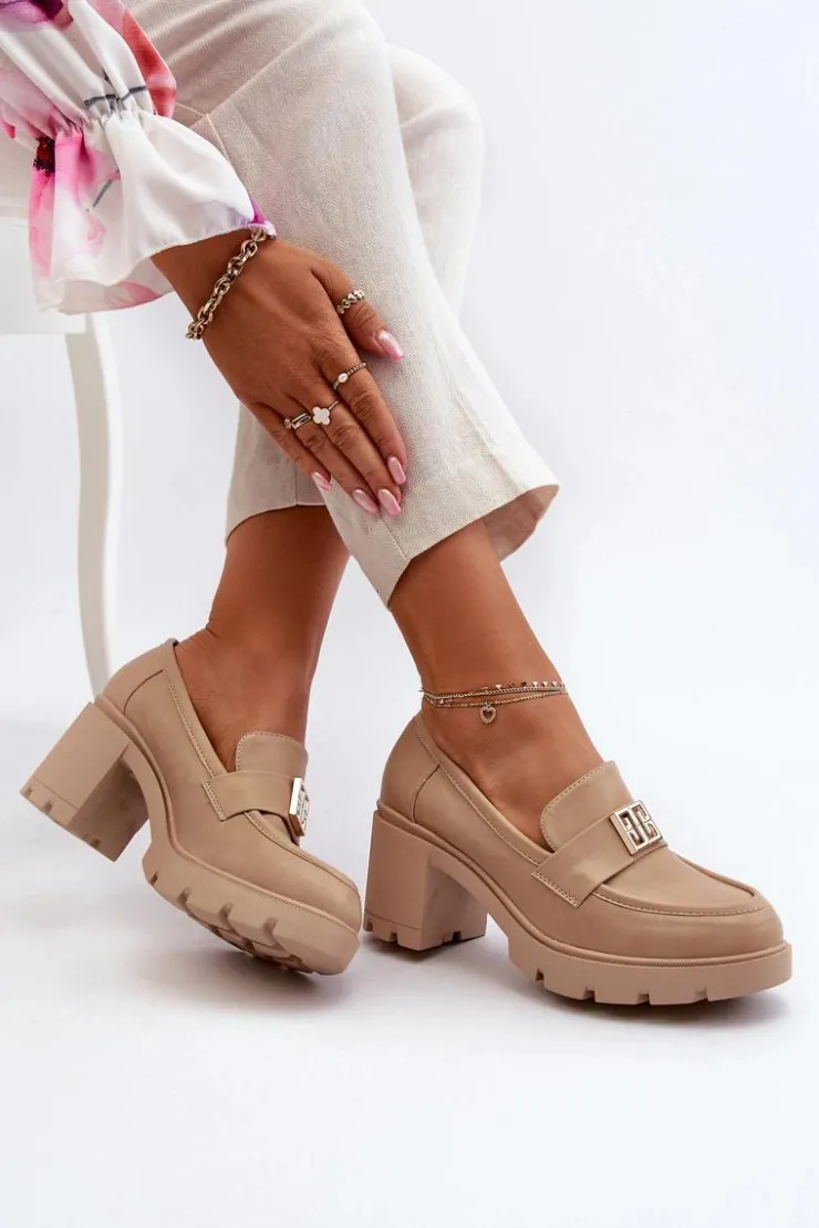 Clearance Boto Półbuty Damskie Na Masywnym Obcasie Z Ozdobą Beżowe Ranunca Beżowy