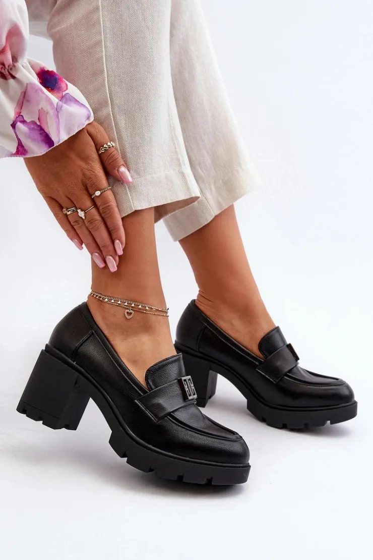 Boto Półbuty Skórzane*Półbuty Damskie Na Masywnym Obcasie Z Ozdobą Czarne Ranunca Czarny