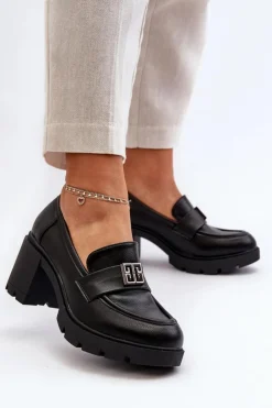 Boto Półbuty Skórzane*Półbuty Damskie Na Masywnym Obcasie Z Ozdobą Czarne Ranunca Czarny