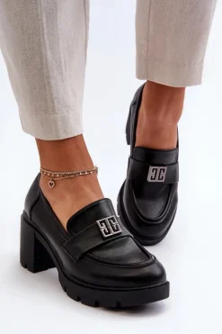 Boto Półbuty Skórzane*Półbuty Damskie Na Masywnym Obcasie Z Ozdobą Czarne Ranunca Czarny