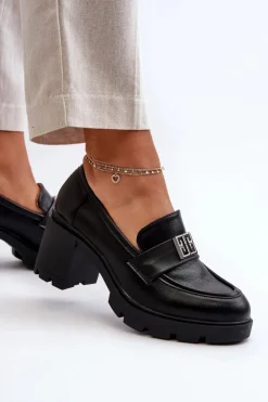 Boto Półbuty Skórzane*Półbuty Damskie Na Masywnym Obcasie Z Ozdobą Czarne Ranunca Czarny