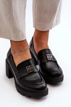 Boto Półbuty Skórzane*Półbuty Damskie Na Masywnym Obcasie Z Ozdobą Czarne Ranunca Czarny