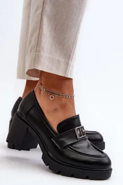 Boto Półbuty Skórzane*Półbuty Damskie Na Masywnym Obcasie Z Ozdobą Czarne Ranunca Czarny